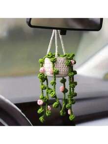 1 Stück handgefertigter gehäkelter süßer Pflanzenauto-Rückspiegel-Anhänger, kreative Auto-Dekoration