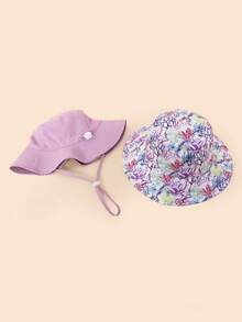 2pcs Kids' Solid Color & Dinosaur Print Bucket Hats With Strap, Suitable For 1-8 Years Old, Ideal For Summer Beach Outings To Provide Sun Protection And Rain Shelter - Purple + Purple Flowers - View 4