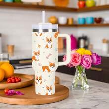 1 Pc Cute Little Fox Tumbler Made Of 40oz Stainless Steel, With Handle, Water Cup With Straw Brush, Non-Slip Water Cup, Portable Multifunctional Water Bottle, Holiday Gift.