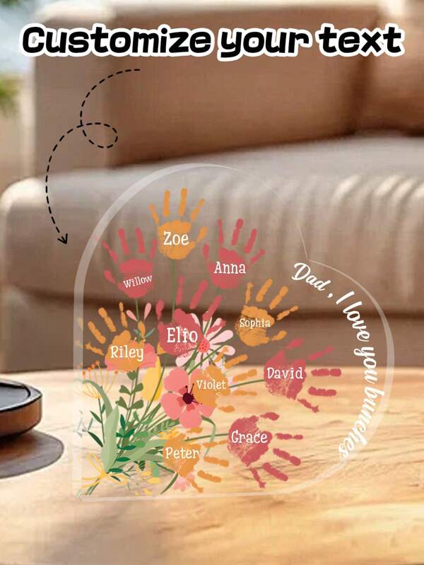 Personalisiertes Herz-förmiges Acryl Schreibtischschild, individualisierbar mit Handabdrücken und Namen, perfekt als Vatertagsdekoration mit bunten floralen Elementen und Familienhandabdrücken, ideales Geschenk für Vater, Papa, Opa, einzigartiges Schreibtisch-Andenken für Büro oder Zuhause, berührendes Familien-Souvenir für Feiertage, Geburtstage und besondere Anlässe
