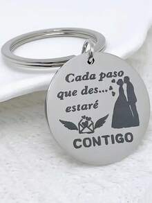 1pc Stainless Steel Round Keychain With Spanish Love Message, Decorative Keyring Gift For Women Car Accessories Bag Charm - Silver - View 1