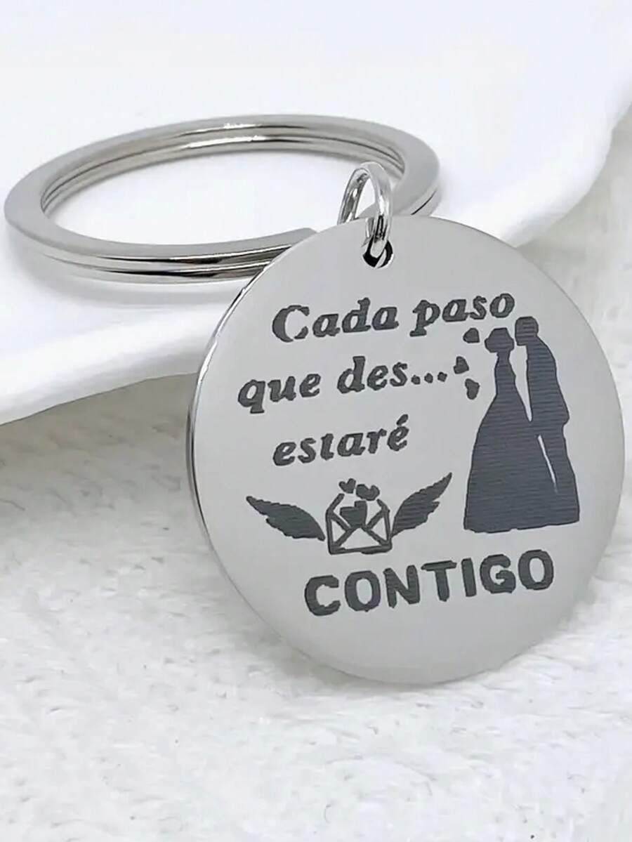 1pc Stainless Steel Round Keychain With Spanish Love Message, Decorative Keyring Gift For Women Car Accessories Bag Charm - Silver - View 1