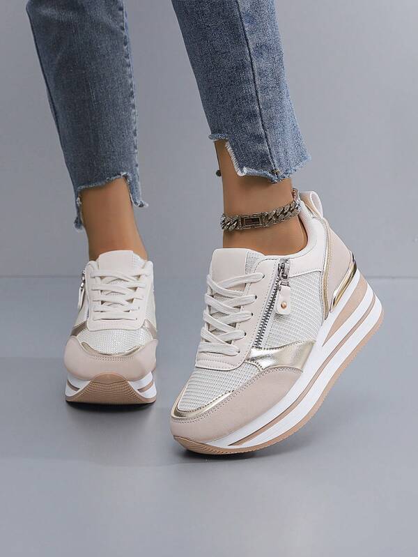 Damskie buty sportowe na platformie, oddychające buty do biegania w terenie, buty codzienne na każdą porę roku, odpowiednie dla studentek wiosną, jesienią i zimą, dostępne w kolorze khaki, srebrnoszarym i czarnym