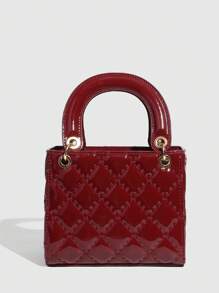 1 pieza Bolso de mano de piel de PU, bolso de color rojo vino, bolso de tote acolchado de piel de patente versátil, bolso pequeño estructurado, bolso de hombro y bandolera de moda, cartera con patrón geométrico