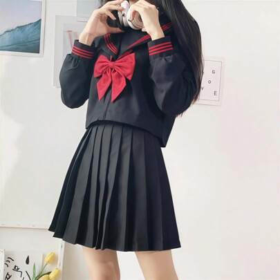 1pc Sailor Collar Bowknot School Girl Shirt And Skirt Outfit, Japanese Preppy Style For Women & Girls, Suitable For Casual, Cosplay Events, Daily Wear Halloween
