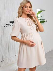 Vestido casual minimalista com babados e amarração frontal lisa para maternidade