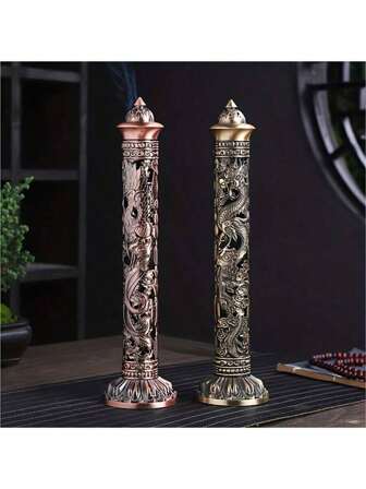 Retro Vertical Incense Burner Dragon Phoenix Pillar Metal Incense Stick Home Office Ceremony Decoration