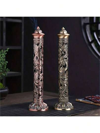 Retro Vertical Incense Burner Dragon Phoenix Pillar Metal Incense Stick Home Office Ceremony Decoration