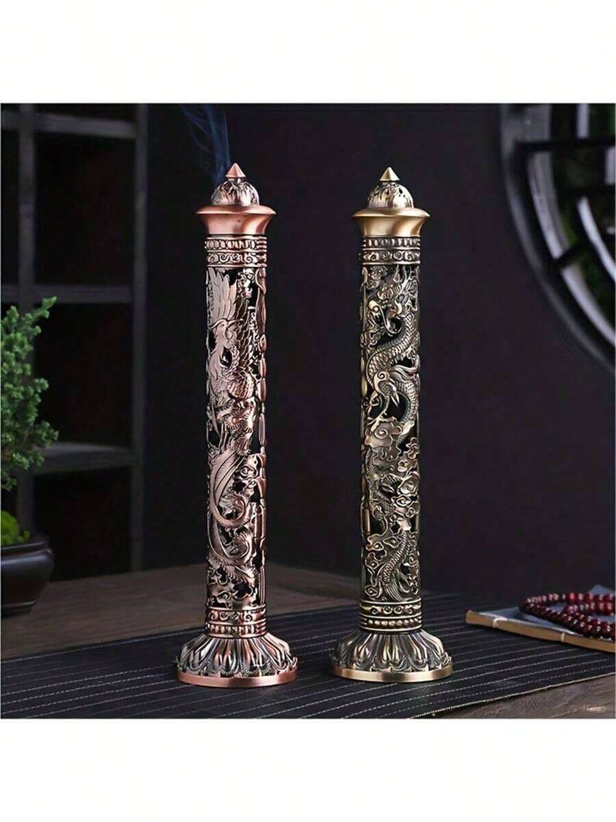 Retro Vertical Incense Burner Dragon Phoenix Pillar Metal Incense Stick Home Office Ceremony Decoration