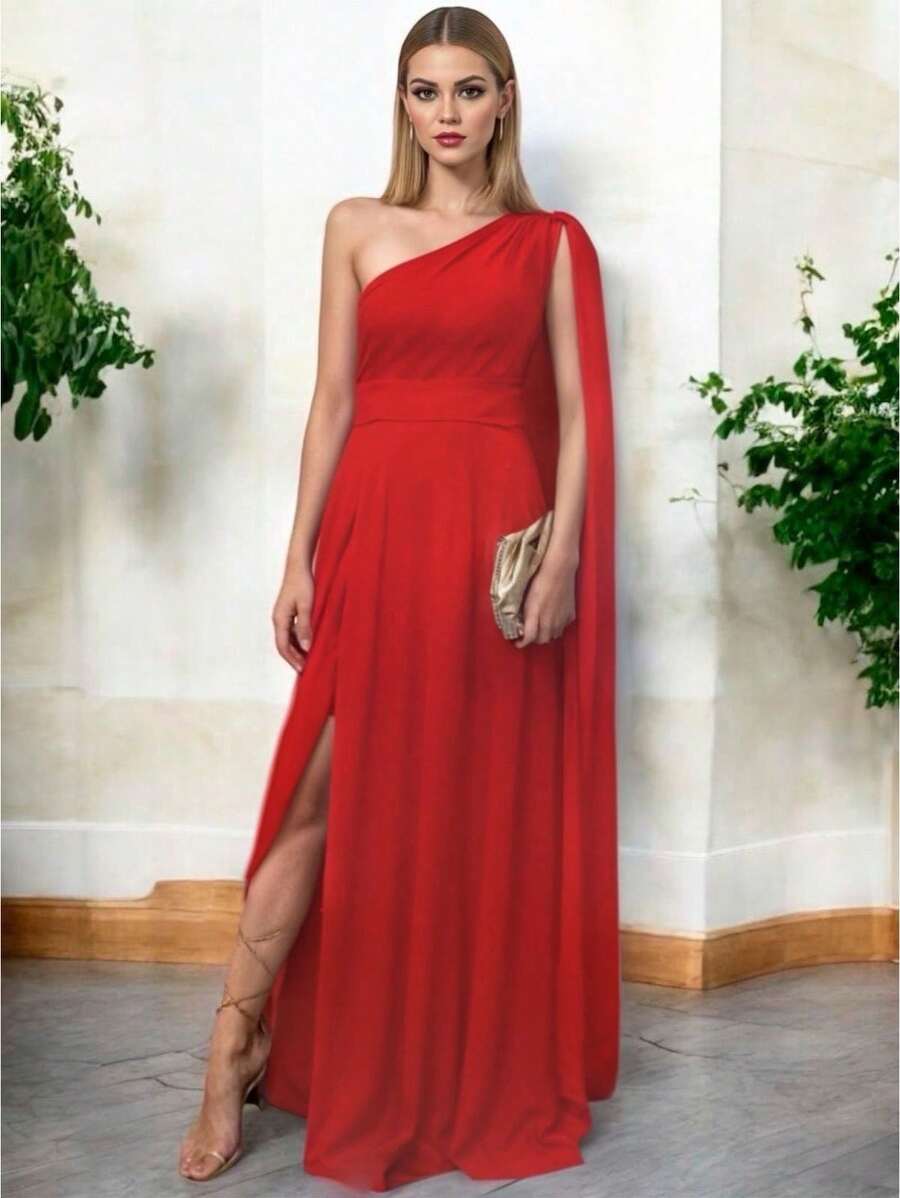 Vestido Elegante Asimetrico con Abertura Lateral y Holgado de la Parte Inferior Hombro Descubierto con Capa - Rojo - Ver 1