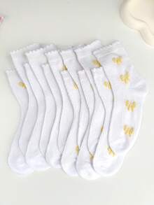6 Pairs Girls Butterfly Print Mid-Calf Socks, Basic Match - White - View 3