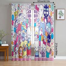 Sanrio 2 Pcs Sanrio Hello Kitty, Kuromi, Pompompurin Themed Semi-Sheer Curtains - Made Of Polyester, Rod Pocket Design For Easy Hanging, Cartoon Printed Curtain Suitable For Bedroom, Office, Living Room, Home Decor