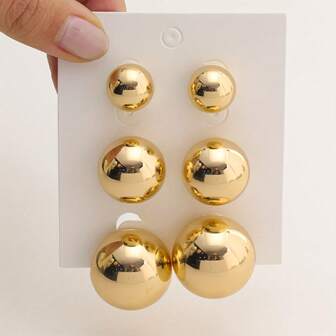 LADYCOCO 3 Pairs Elegant Vintage Glossy Golden Ball Stud Earrings, Suitable For Women - Suitable For Daily Wear And Gift, Women Earring Set