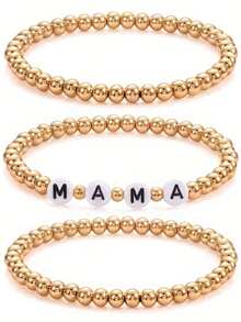 3pcs Simple Mother's Day Gift Gold CCB Beaded "MAMA" Bracelet Set For Ladies - Gold - View 4