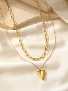 MONALLY Conjunto de 2 collares con colgante de corazón y cadena circular chapado en oro de 18K, acero inoxidable, joyería de oro para mujer, regalo para graduación, baile de graduación, accesorio diario, aniversario