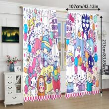 Sanrio 2 Pcs Sanrio Hello Kitty, Kuromi, Pompompurin Themed Semi-Sheer Curtains - Made Of Polyester, Rod Pocket Design For Easy Hanging, Cartoon Printed Curtain Suitable For Bedroom, Office, Living Room, Home Decor