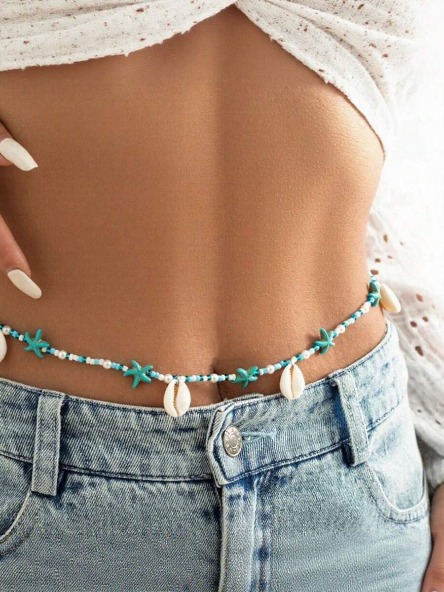 1pc Bohemian Beach Holiday Style Random Glass Bead Faux Pearl Stone Starfish Natural Shell Pendant Women Waist Chain - Multicolor - View 1