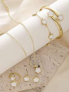 6 件套幸运四叶草设计手链、项链、耳环、手镯和戒指套装，精致时尚的青少年珠宝礼品套装