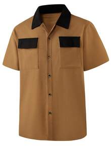Men's Polo Shirt With Front Button Colorblock Design And Pocket Shorts Set, Summer - Brown - View 4