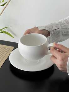 1pc Exquisite Matte Stone Textured Cup & Saucer Set, White Ceramic Cup, Egg-Shaped Coffee/Mug Cup, Unique Cup - White - View 3