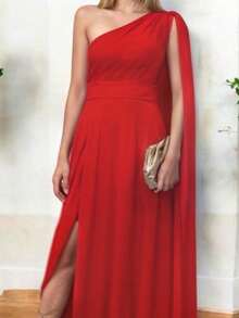 Vestido Elegante Asimetrico con Abertura Lateral y Holgado de la Parte Inferior Hombro Descubierto con Capa - Rojo - Ver 2