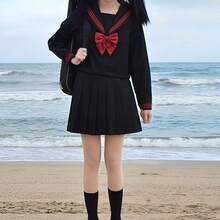 1 Stück Matrosen-Kragen Schleife Schulmädchen Bluse und Rock Outfit, japanischer Preppy Stil für Damen & Mädchen, geeignet für Lässig, Cosplay Events, täglichen Tragen, Halloween - Verschiedenfarbig - Übersicht 4