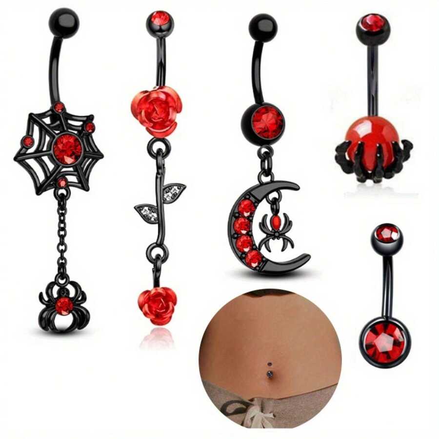 6PCS New Retro Punk Style Black Rose Spider Pendant Piercing Navel Ring Sexy Gothic Style Summer Navel Accessories - 6 CÁI - Xem 1