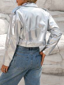 Women Plain Minimalist Zipper Short Jacket For Daily Wear - Silver - View 9