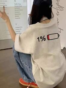 Japanese Style Women's Cotton Round Neck Loose Versatile Battery Print Short Sleeve T-Shirt, Spring/Summer, Back Top School - Light Gray - View 3