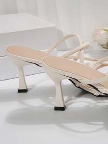 White Square Toe Thin Heel Sandals For Women, French Style Synthetic Leather High Heels, Fashionable For Date, Party, Casual Wear, Commuting, Summer And Autumn - Beige - View 8