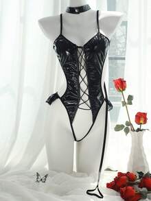 1 Set Of Punk Style Black Imitation Patent Leather Women Sexy Jumpsuit, Including Neck Ring Leash, Sexy Lingerie, Suspender Sexy Lingerie, Open Crotch Tights, Perfect For Halloween, Honeymoon, Date Night, Pajama Party, Gift, Rave