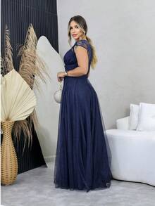 Long Party Dress For Godmother Graduation Congress With Embroidered Sleeves - Navy Blue - View 4