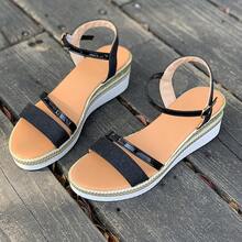 夏季新款圆头厚底坡跟金银黑亮面双带舒适休闲女凉鞋，舒适厚底中跟双色软底沙滩鞋，时尚百搭，适合派对、散步、通勤、户外活动，轻便波西米亚风休闲凉鞋 - 黑色 - 查看 6