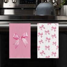 蝴蝶结厨房洗碗巾 16 X 24 英寸粉色蝴蝶结洗碗布手擦茶巾 适用于婚礼情人节新娘送礼会，2 件 - 白色 - 查看 3