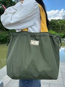 Large Capacity Reusable Drawstring Gym Bag Handbag, Portable Foldable Machine Washable Shopping Bag, Solid Color Lightweight Women's Tote Shoulder Bags Grocery Bag , Office , Green - Dark Green - View 9