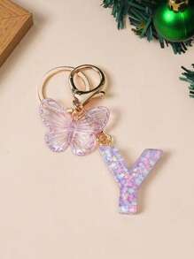 1 Creative Keychain With Alphabet Stone Drops Glue Resin Accessories Butterfly Fringe Alphabet Pendant Keychain Girl