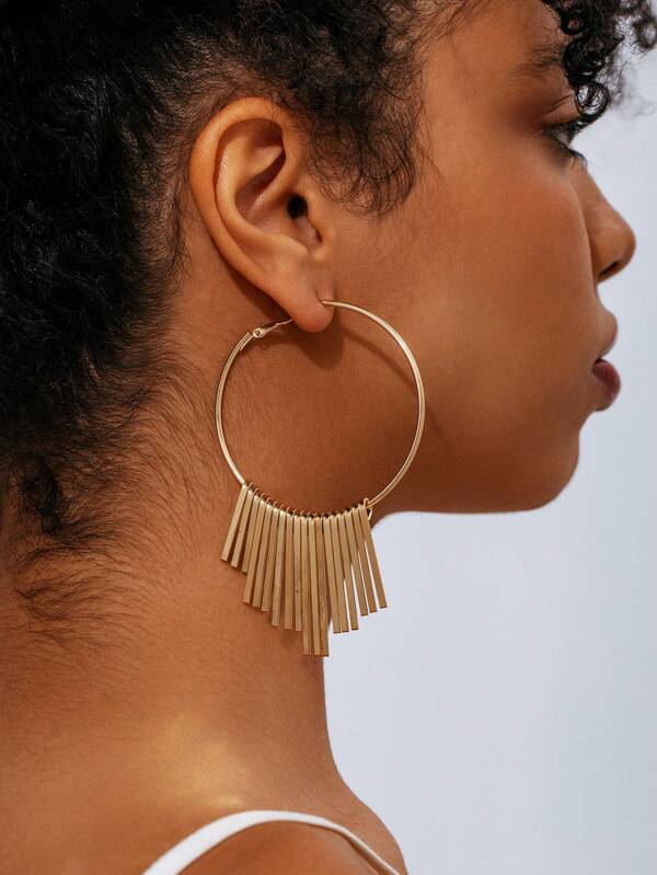 1 Pair Fashionable Exaggerated Geometric Metallic Tassel Long Earrings, Suitable For Women