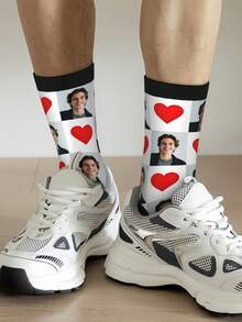 1 Pair Of Socks Men, Custom Personalized Photo, Heat Transfer 360 Degree Printing, Personal Customized Face Pattern, Funny Heart Pattern, Quality Summer Socks, Women's Sports Mid-Calf Socks, Suitable For Daily Wear, Unique Whimsical Gift For Mother's Day, Father's Day And Special Occasions - Multicolor - View 5