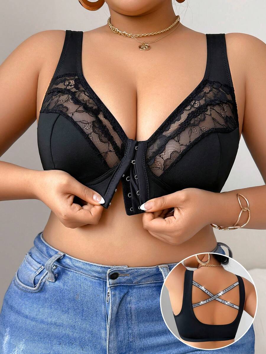 1pc Women Plus Size Solid Color Silver Metallic Lace Front Closure Wireless Bra