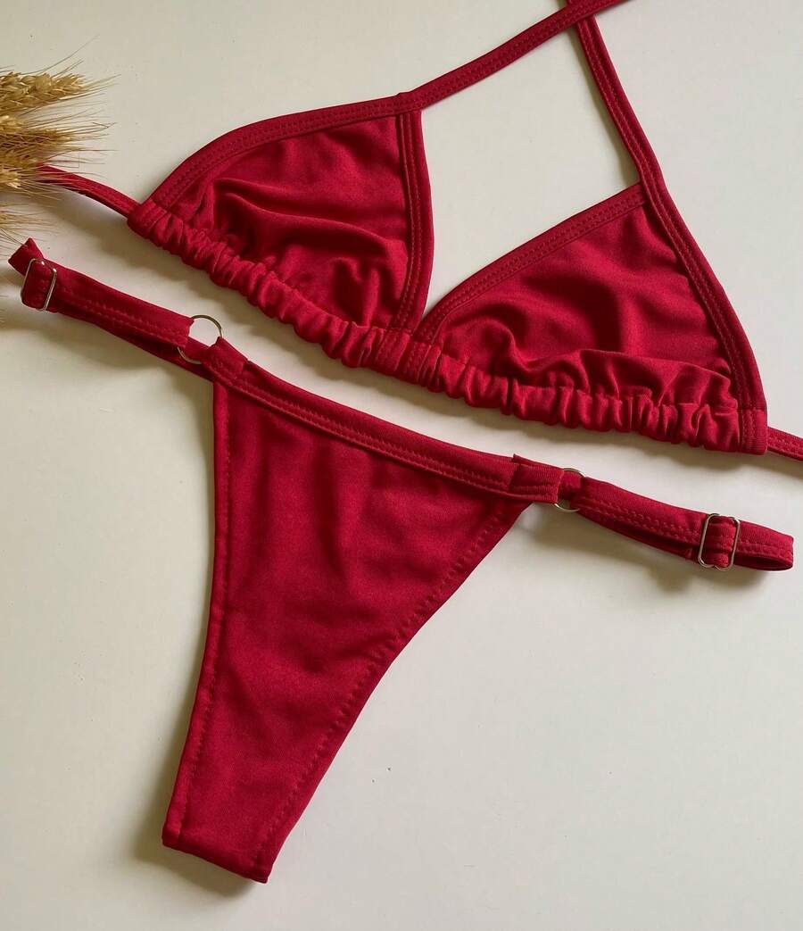 Triangle Bikini With Adjustable Thong Panties - Red - View 1