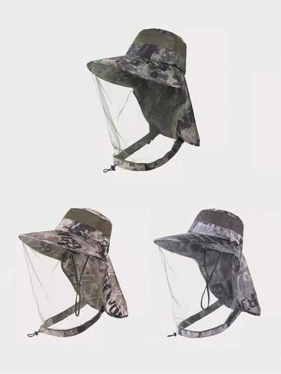 1pc Men's Summer Camouflage Anti-Mosquito Sun Hat With Full Face Mesh Veil, Outdoor Sun Protection Fishing Cap