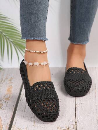 女士镂空凉鞋，夏季网眼 PVC 塑料平底鞋，轻质防滑橡胶鞋底，适合户外和海滩