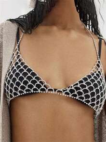 Rhinestone Hollow Body Chain, Casual Versatile Women Bikini Chain