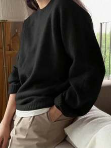 Liuhan Fashions Women's Casual Solid Color Raglan Sleeve Regular Fit Sweater Autumn Winter Thick Warm 2025 New Arrival - 黑色 - 查看 4