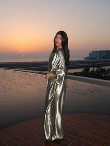 1pc Women Waist Cinched Butterfly Decor Robe, Flowing Shimmery Design, Flutter Sleeves, Satin Finish Flowing Abaya,Elegant Solid Color Slim Fit Robe, Suitable For Daily Occasions, Festivals, Modest