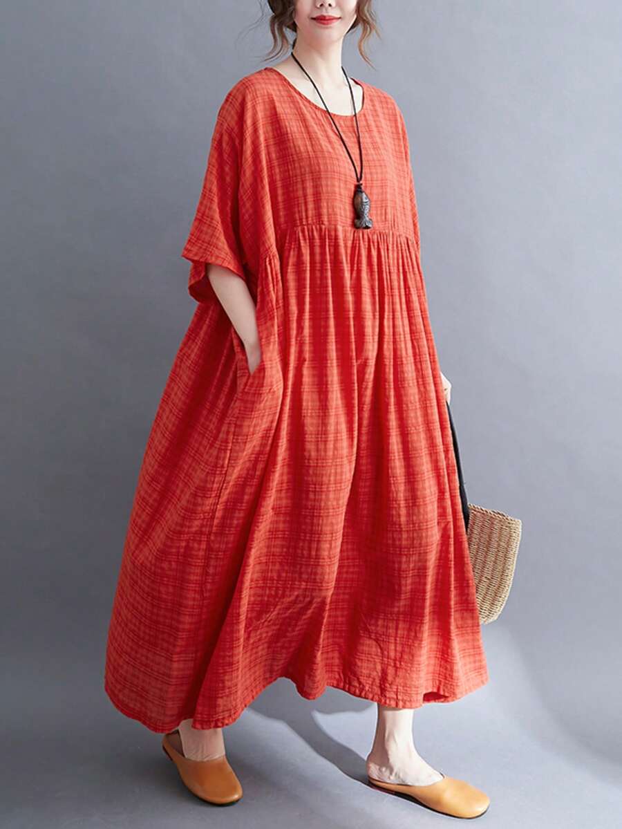 上衣，中国春节，2026波西米亚休闲假日女装连衣裙，女士大码半身裙，妈妈优雅日常穿搭，夏季圆领宽松黑色大码半身裙 - 橘色 - 查看 1