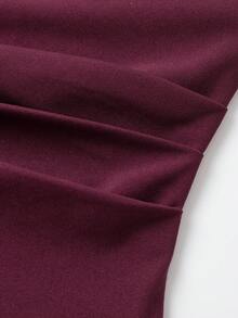 女士纯色时尚褶皱收腰修身不对称露脐上衣 夏季 - 酒紅色 - 查看 4