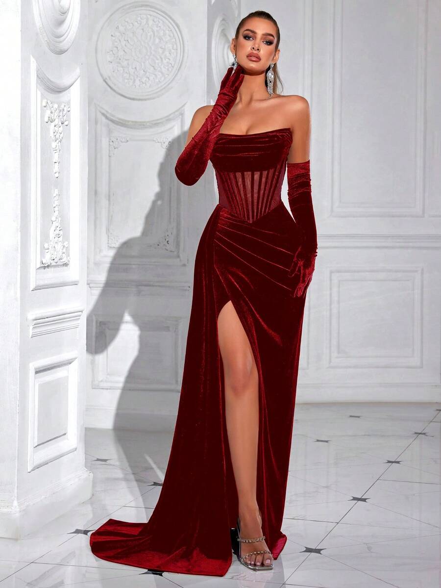 ADYCE 纯色无肩带长款缎面礼服，前开衩露背设计，适合派对、宴会、舞会、盛会、婚礼宾客、毕业典礼、新年晚会等场合。（不含手套） - 酒紅色 - 查看 1