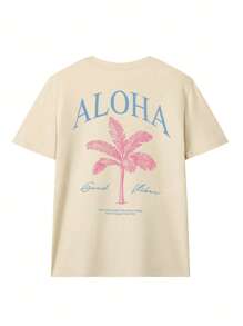 Damen Frühlings- und Sommerneu Palmenbaum Slogan-Muster Tägliches Lässig Rundhals Kurzarm T-Shirt Modischer Urlaubsstil, tägliche Notwendigkeit. Grafik T-Shirts Frauen Weißes Top Schwarzes Top Rosa Top Urlaubsoutfits Frauen