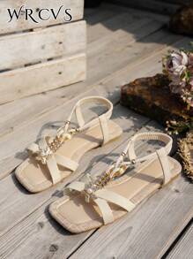 WRCVS Beige Women Sandals, Summer Ladies Flat Sandals, Bohemian Woven Flat Shoes, Lightweight & Non-Slip, Beach Floral Pattern Random Beaded Retro Outdoor Sandals